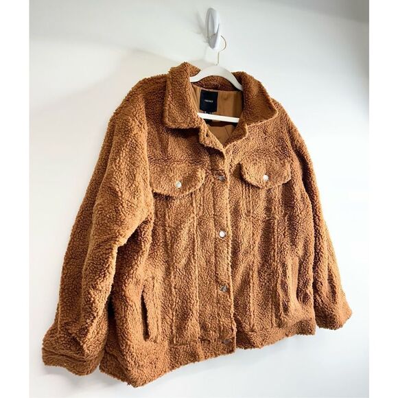 Forever21 Teddy Jacket Womens Size Large Brown Buttoned Front Pockets‎ - Picture 2 of 6